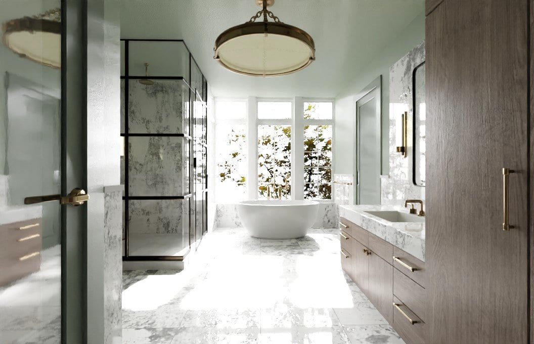 Rendering of a primary bathroom with a marble shower, freestanding tub and oak vanity for a New Jersey renovation by Ellie Mroz Design.