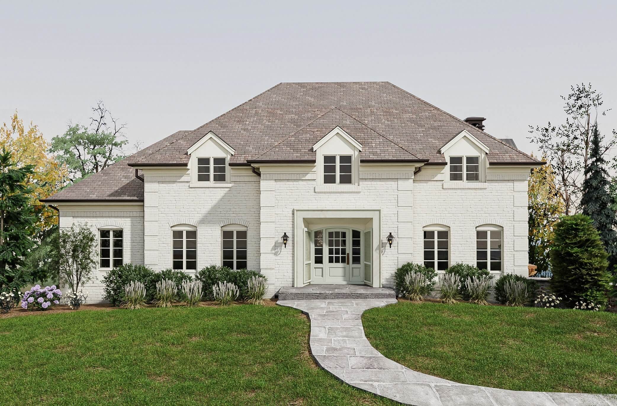 Architectural rendering of a front exterior renovation for a home in Mountainside, New Jersey, by Ellie Mroz Design.